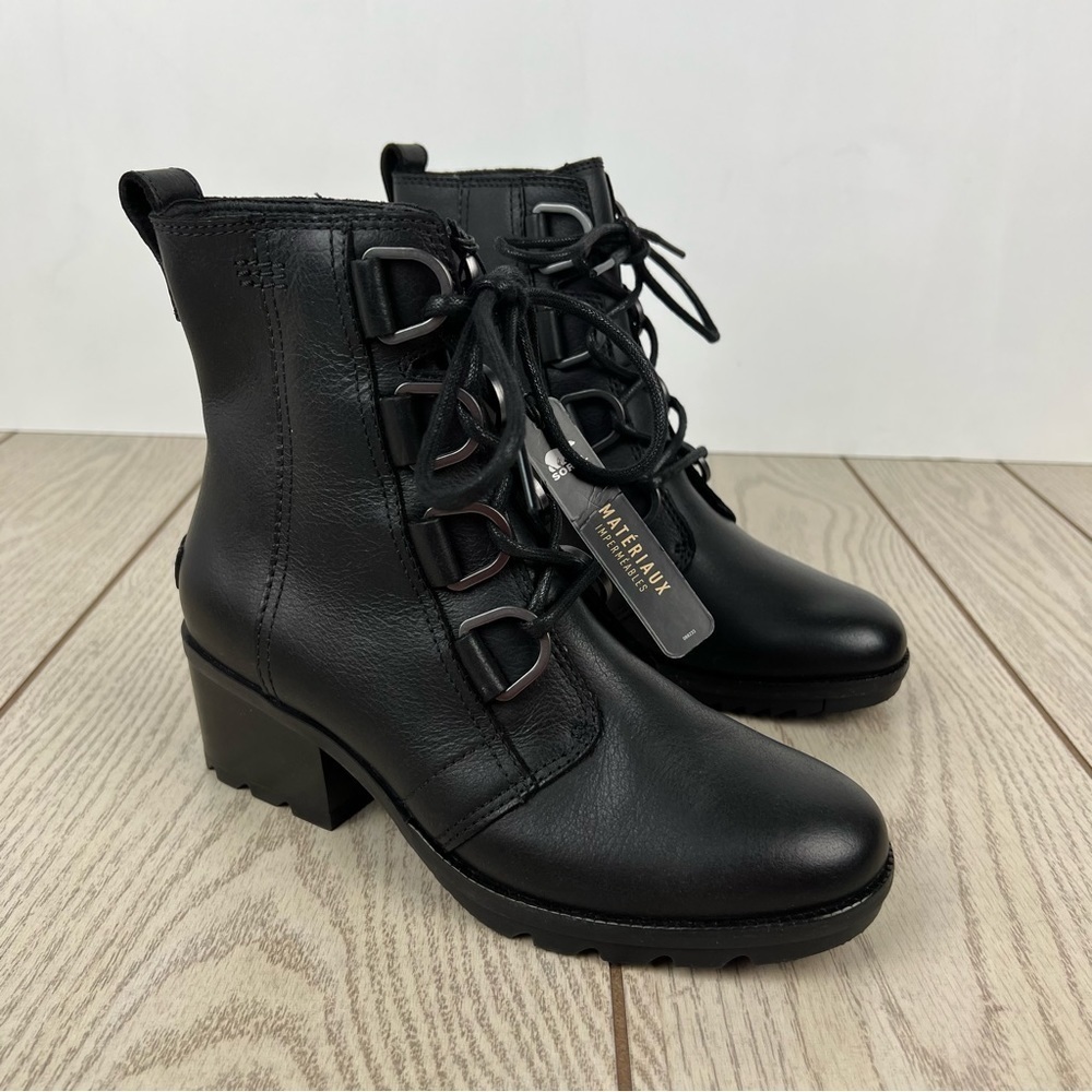 Sorel Women's Cate Lace-up Heel Booties US6 Black Leather $205 Waterproof